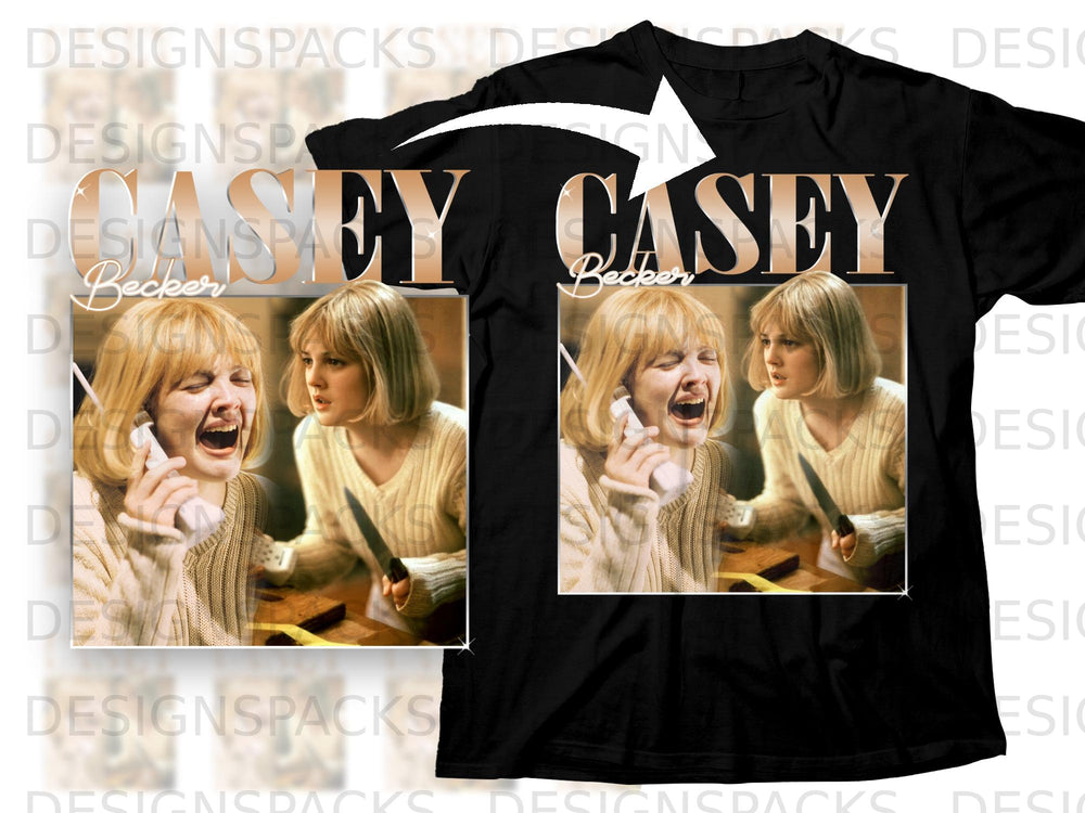 Black t-shirt with "CASEY Becker" text and two stills of a woman screaming and holding a knife.