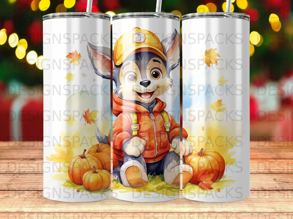 Cartoon dog wearing a hard hat and jacket sits with pumpkins.