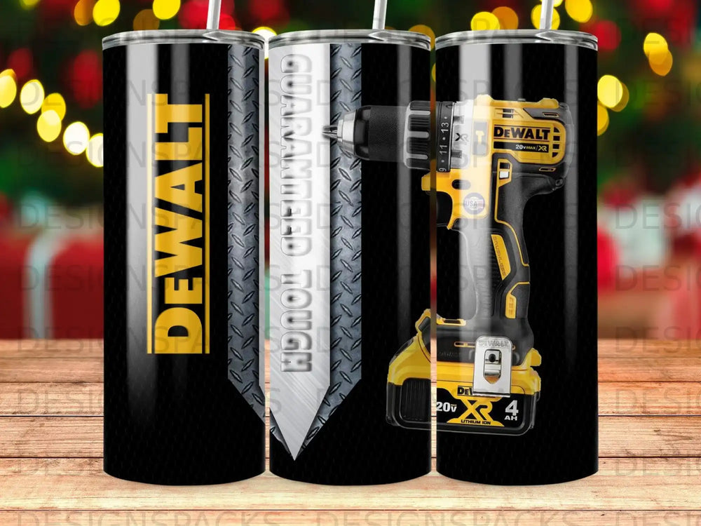 DeWalt cordless drill on black tumbler with "Guaranteed Tough" text.