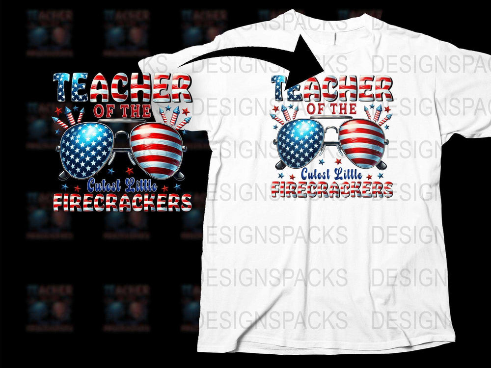 Patriotic Teacher T-Shirt, 4th of July USA Flag Sunglasses, Cool Firecrackers Graphic Tee