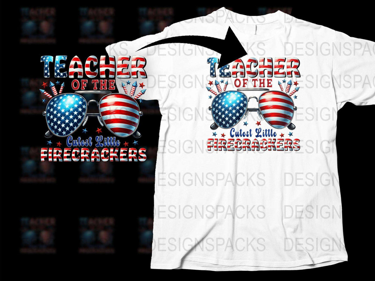 Patriotic Teacher T-Shirt, 4th of July USA Flag Sunglasses, Cool Firecrackers Graphic Tee