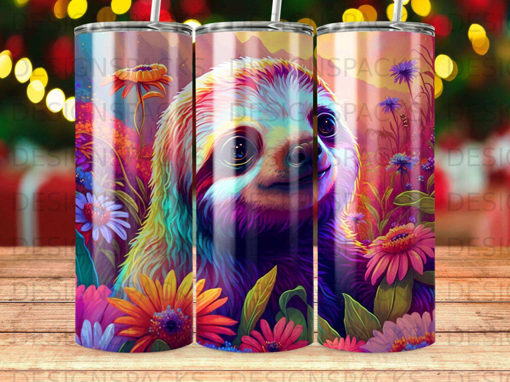 Colorful sloth surrounded by vibrant flowers and bokeh lights.