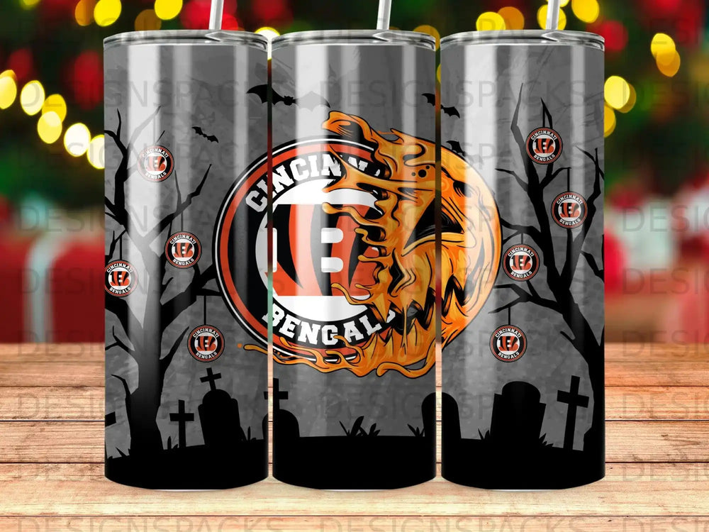 Cincinnati Bengals Halloween themed tumbler with tombstone and tree graphics.