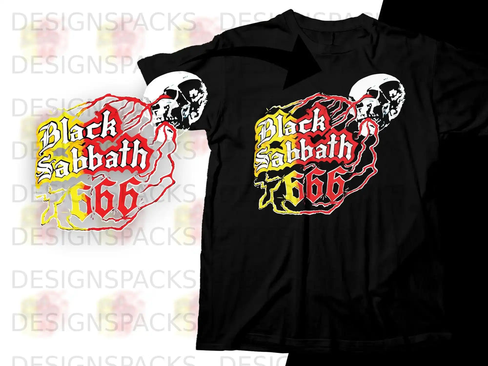 Black Sabbath 666 graphic on a black t-shirt.