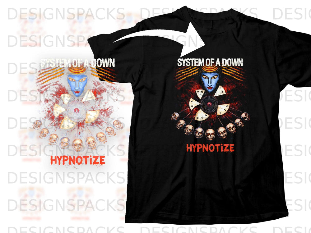System of a Down Hypnotize album art t-shirt with skulls and clock.