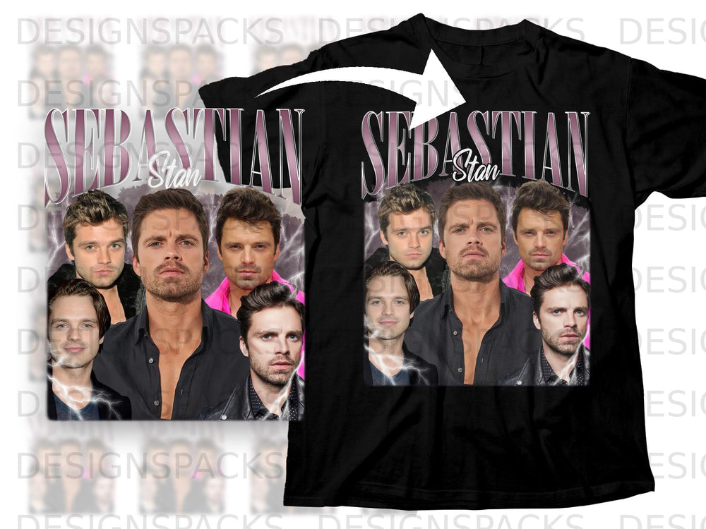 Sebastian Stan collage with lightning effects and bold text.