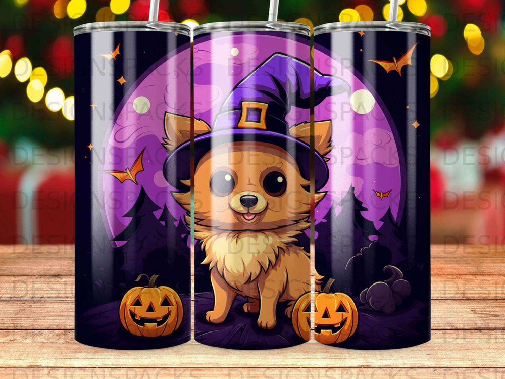 Chihuahua in witch hat with pumpkins and spooky moon.