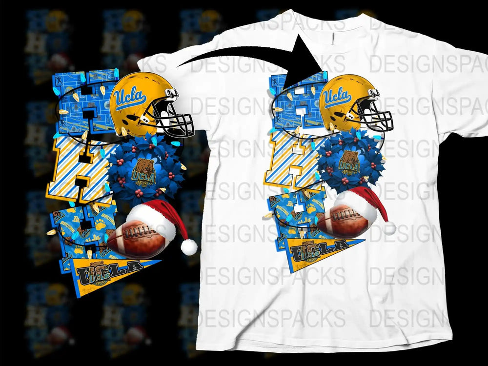 UCLA Football Helmet Graphic T-Shirt, College Sports Fan Apparel, Yellow and Blue