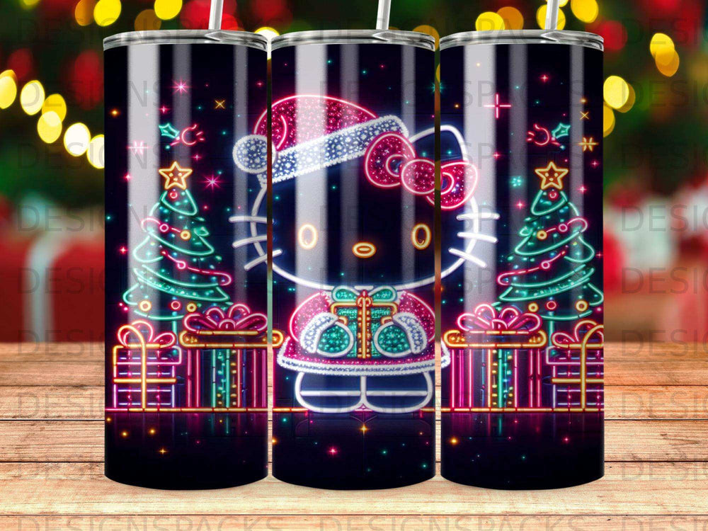Hello Kitty in Santa hat with gift boxes and Christmas trees.