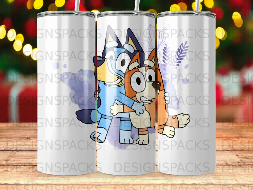 Bluey and Bingo hugging, with lavender sprigs and "Designspacks" watermark.