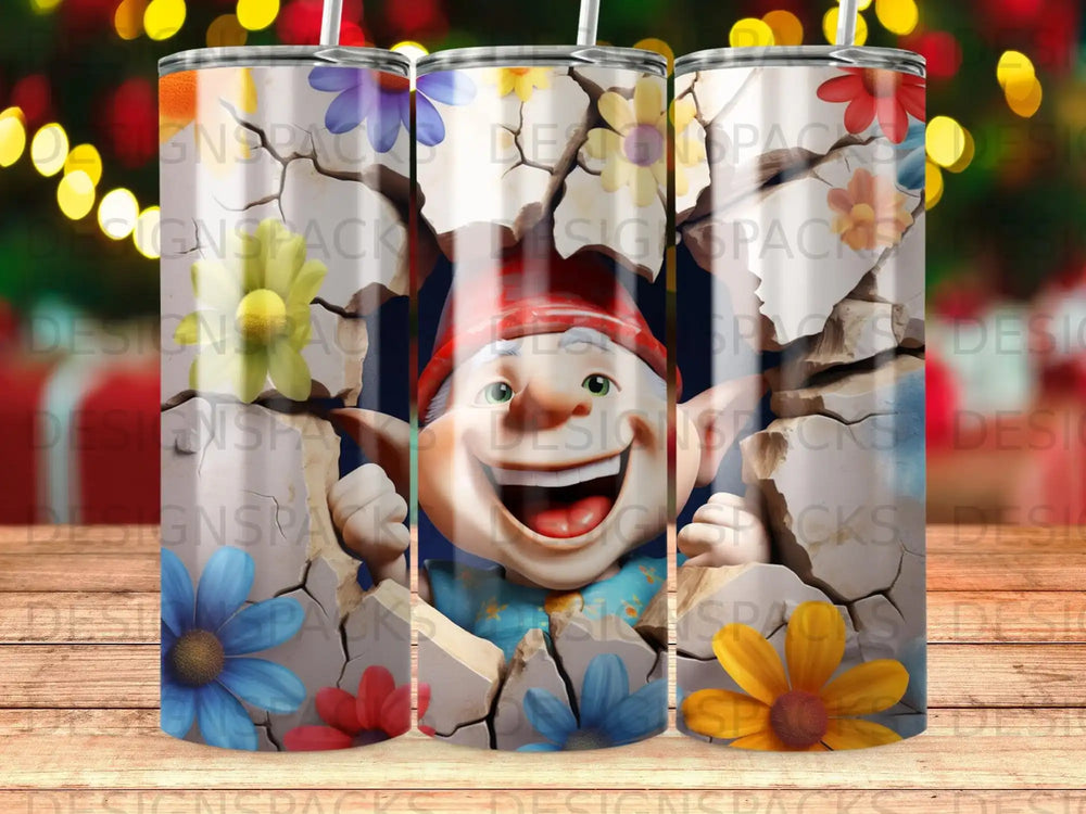 Gnome peeking through cracked wall with colorful flowers on a tumbler.