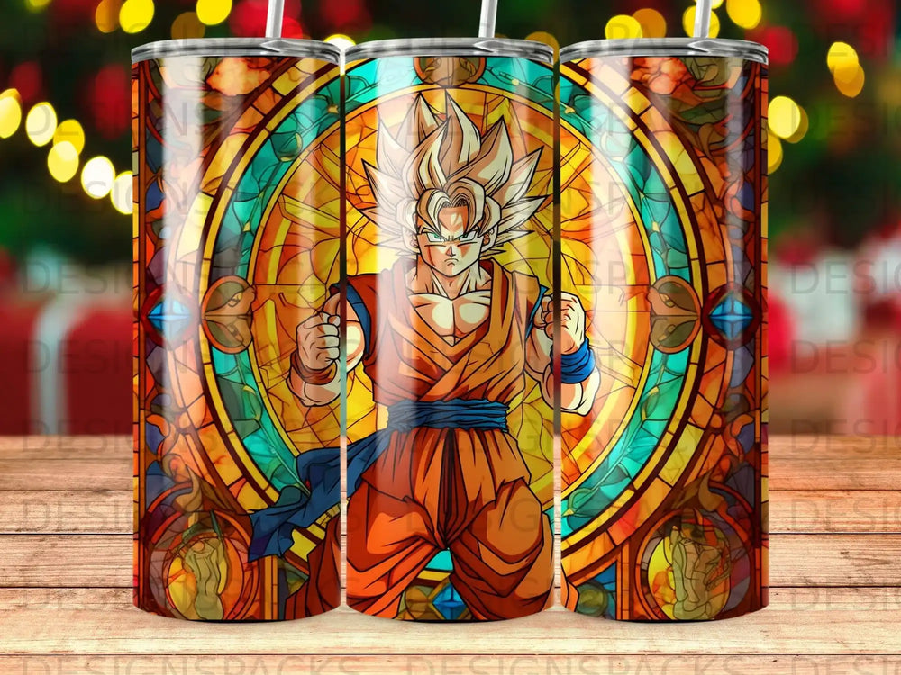 Goku in stained glass style on a tumbler with festive bokeh background.