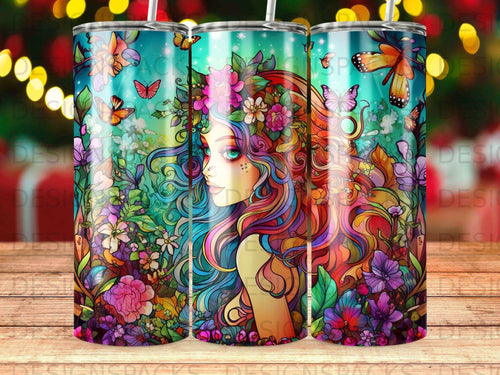 Colorful tumbler with a woman's profile adorned with flowers and butterflies.