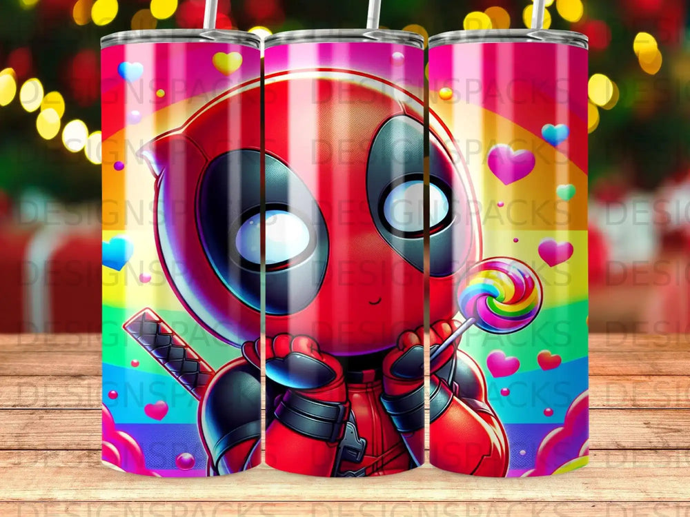 Deadpool character holding a lollipop with rainbow hearts and stars background.