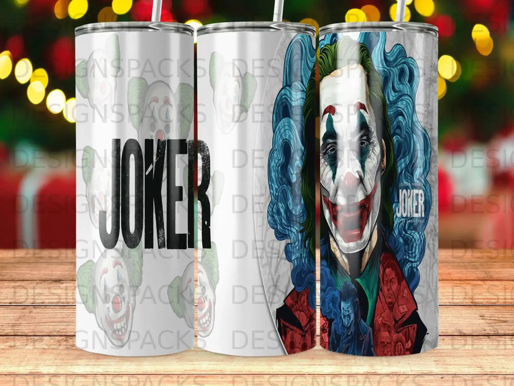 Joker tumbler with iconic character artwork and "JOKER" text.