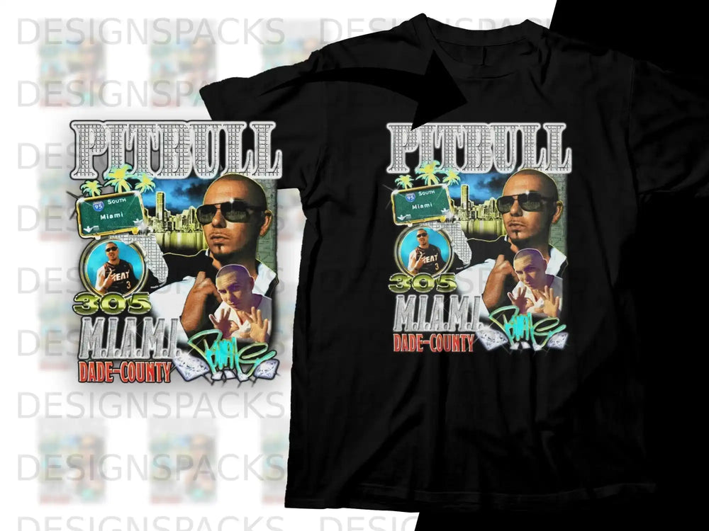 Pitbull with "305 Miami Dade County" text and palm trees.
