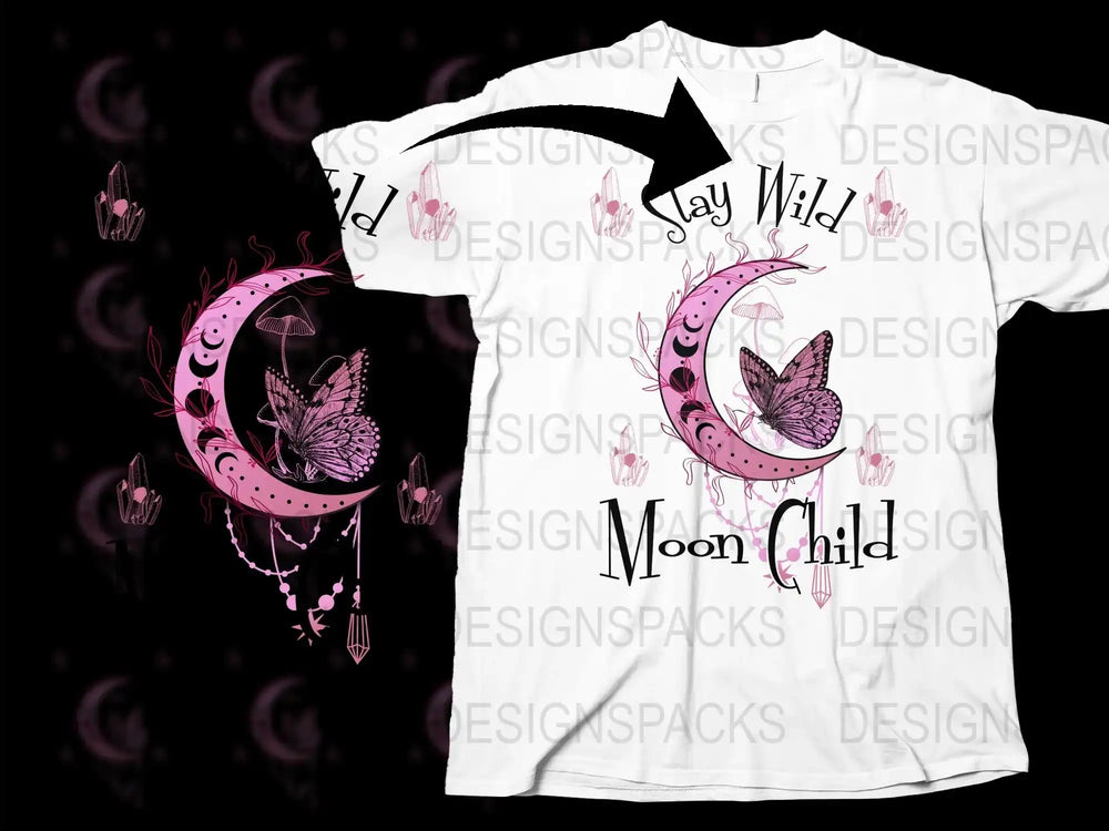 Moon Child Stay Wild Butterfly Graphic T-Shirt, Bohemian Style Women's Tee, Trendy Celestial Clothing with Moon Phases Design