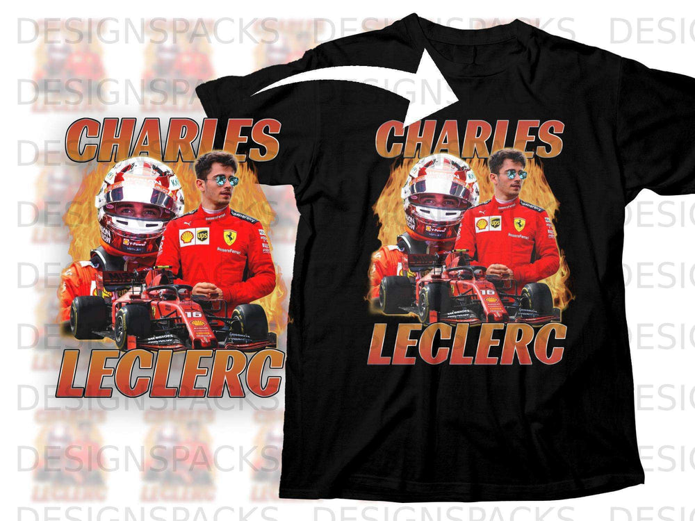 Charles Leclerc in Ferrari F1 car on a black t-shirt.