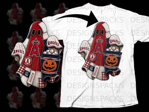 Los Angeles Angels ghost holding pumpkin and baseball bucket, stitched design.