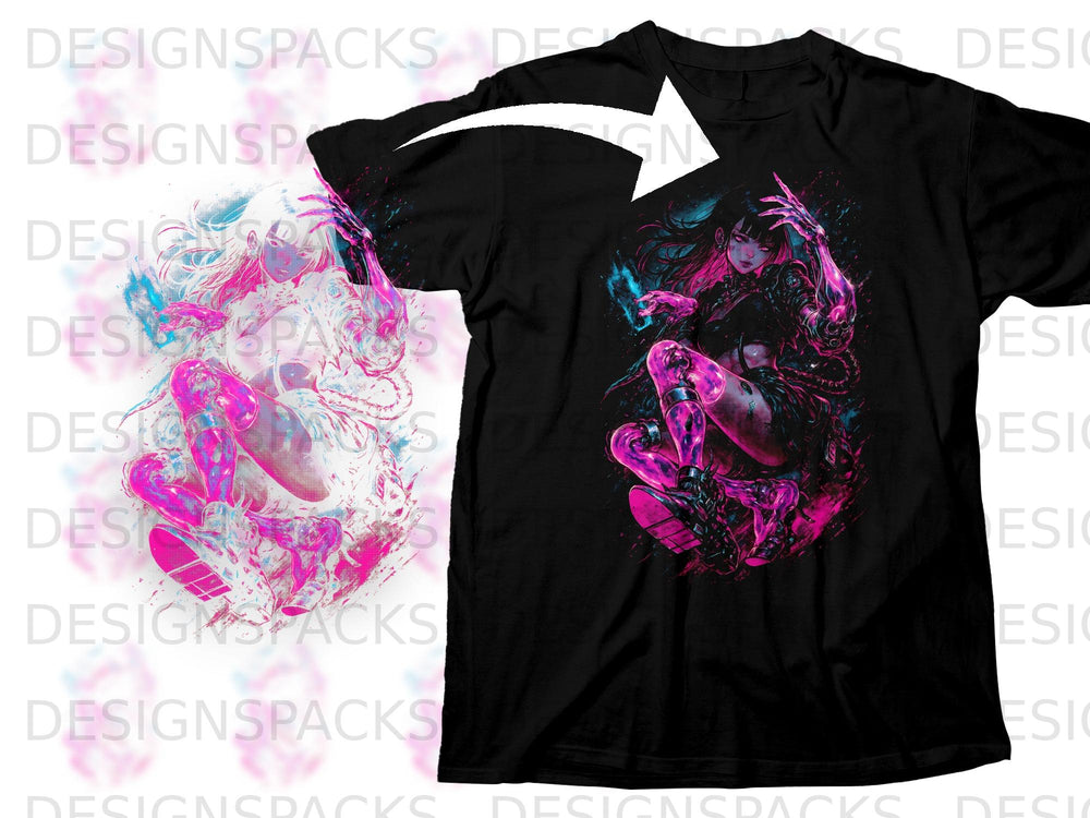 Black t-shirt featuring a cyberpunk anime girl with pink and blue accents.