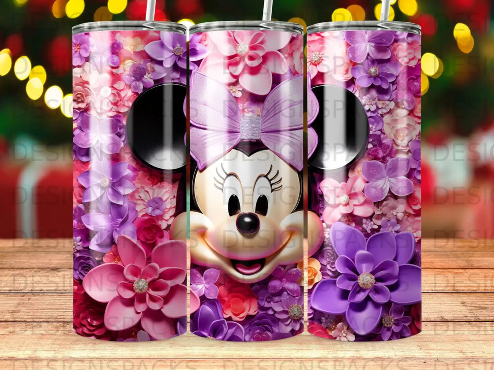 Minnie Mouse with floral pattern on a tumbler.