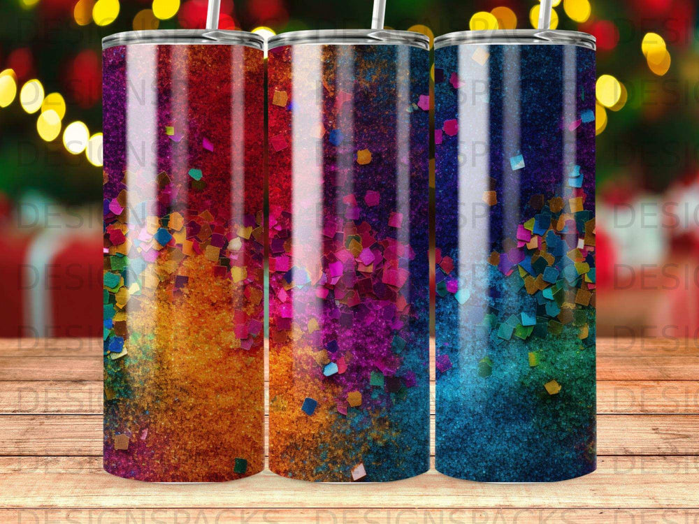 Three tumblers with colorful, shimmering glitter and confetti designs.