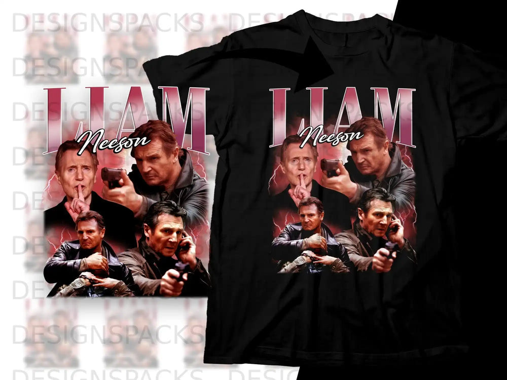 Liam Neeson collage graphic on a black t-shirt.
