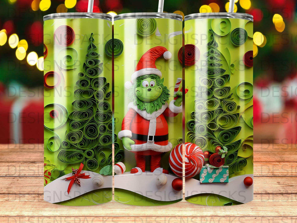 Grinch in Santa costume with candy cane and gifts among stylized Christmas trees.