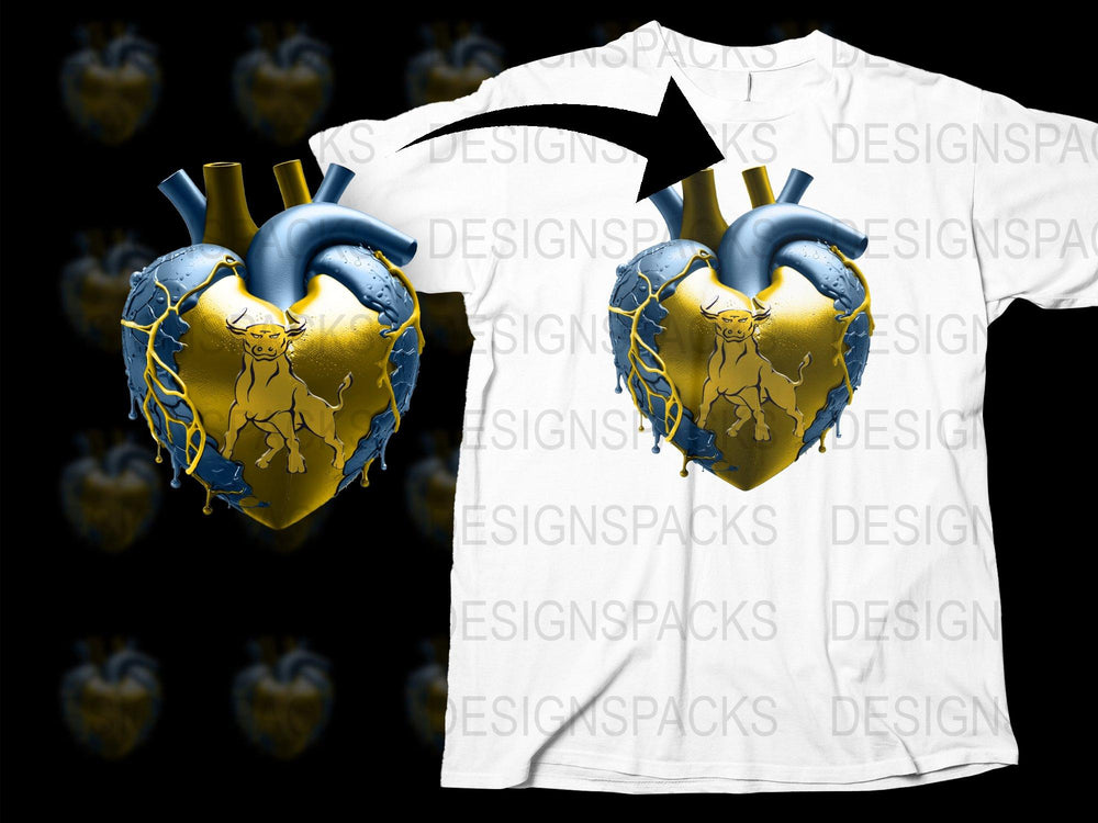 Graphic Heart T-Shirt, Blue and Gold Anatomical Heart, Unique Digital Print, Unisex Clothing, Trendy Tee Design, Cool Shirt Gift Idea