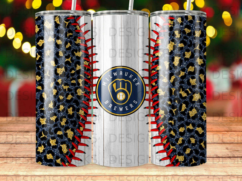 Milwaukee Brewers baseball tumbler with leopard print and faux stitching.