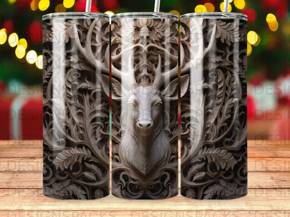 Wood carved deer head with ornate floral details on a tumbler.
