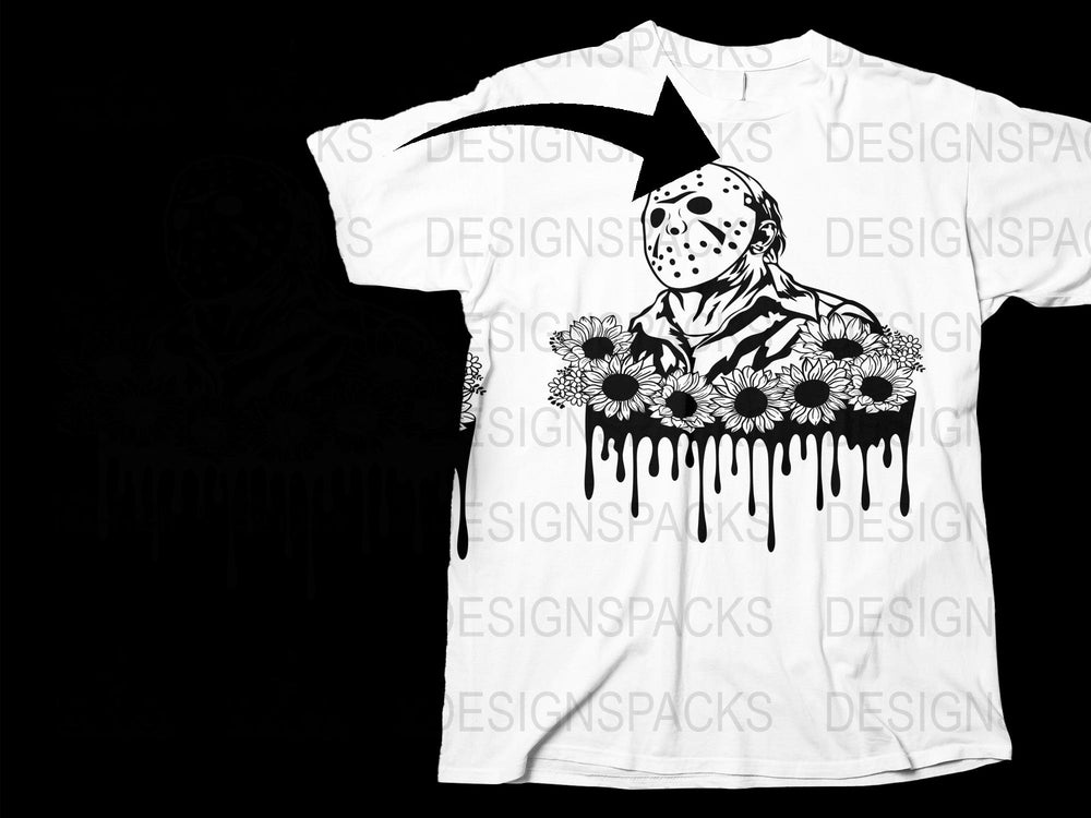 Jason Horror Movie T-Shirt, Floral Skull Graphic Tee, Black and White, Halloween Shirt Design, Unisex Fashion
