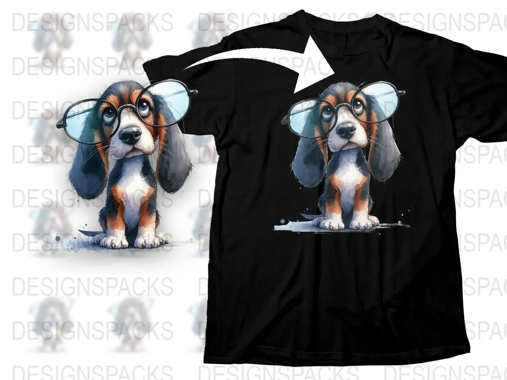 Cute Basset Hound Puppy T-Shirt, Funny Dog With Glasses Graphic Tee, Animal Lover Gift, Unisex Adult Clothing