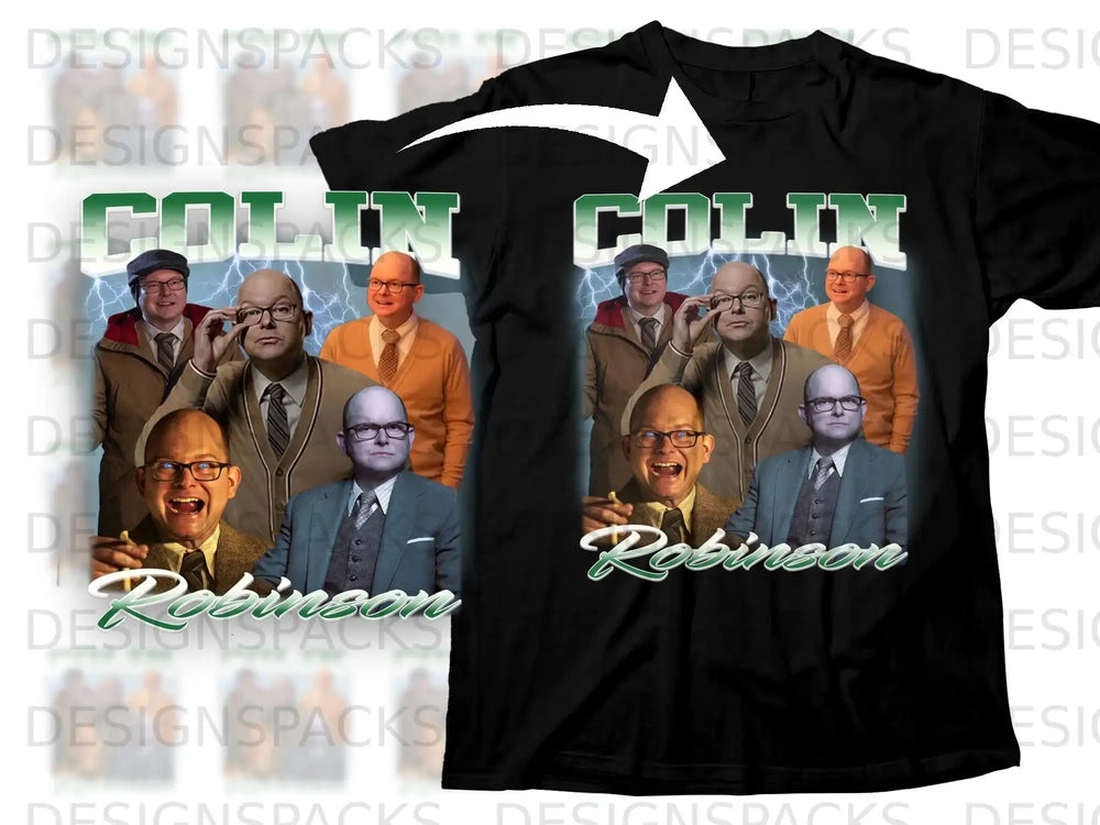 Black t-shirt with "COLIN ROBINSON" text and photo collage.
