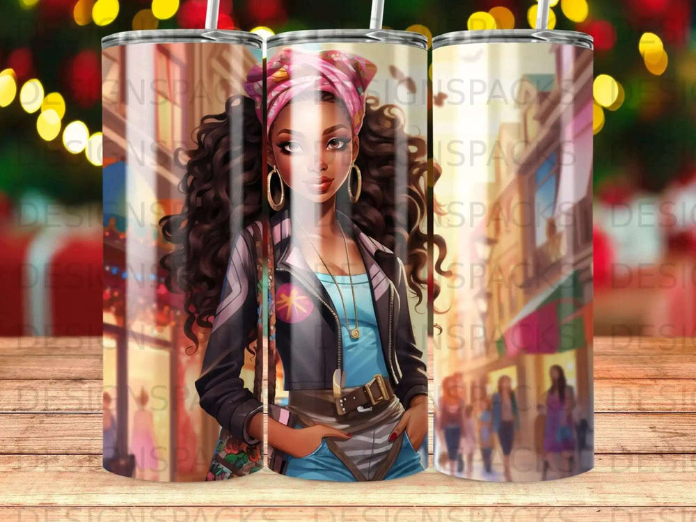 Fashionable young woman with headscarf and jacket, standing with hands on hips.