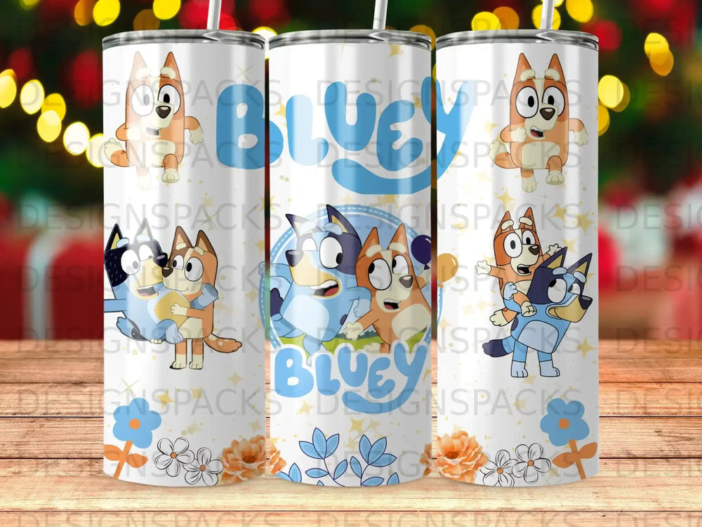 Bluey characters and logo on a colorful tumbler with floral accents.