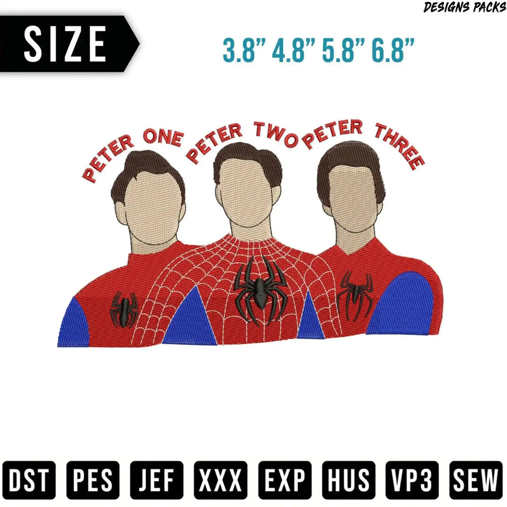 Three Spider-Man characters labeled Peter One, Two, and Three.