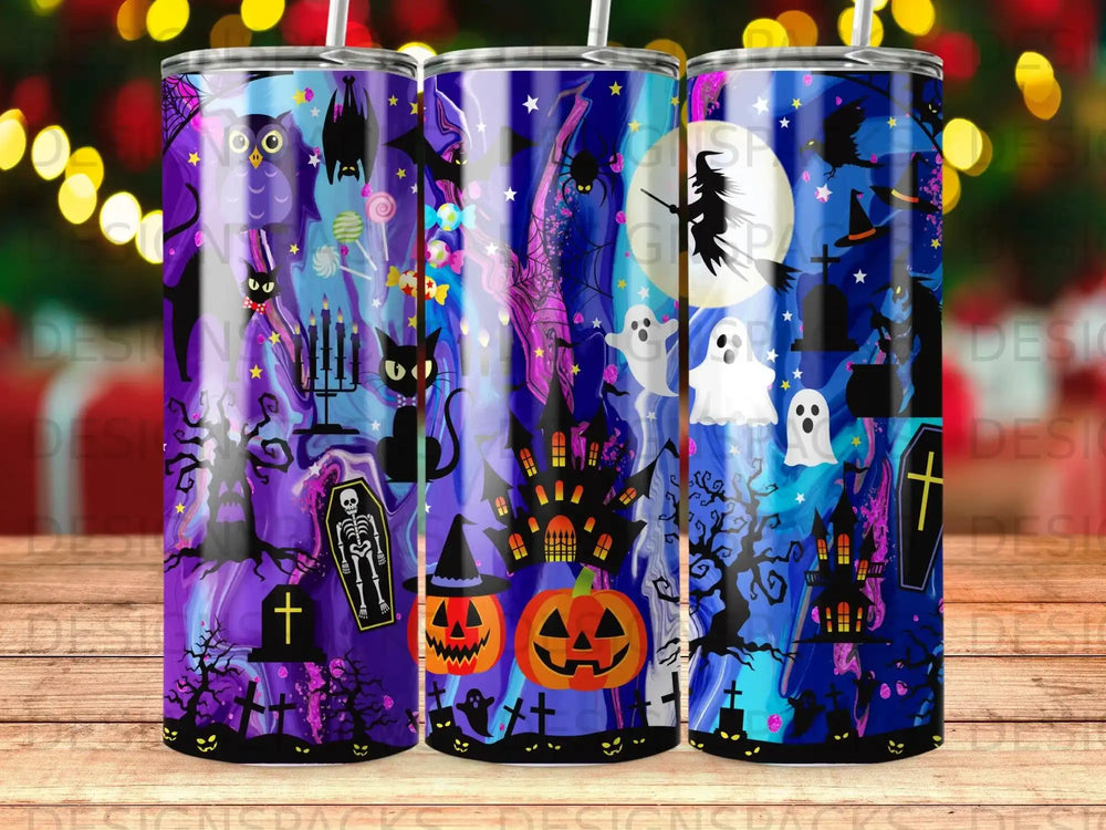 Halloween-themed tumbler with haunted houses, bats, ghosts, and pumpkins.