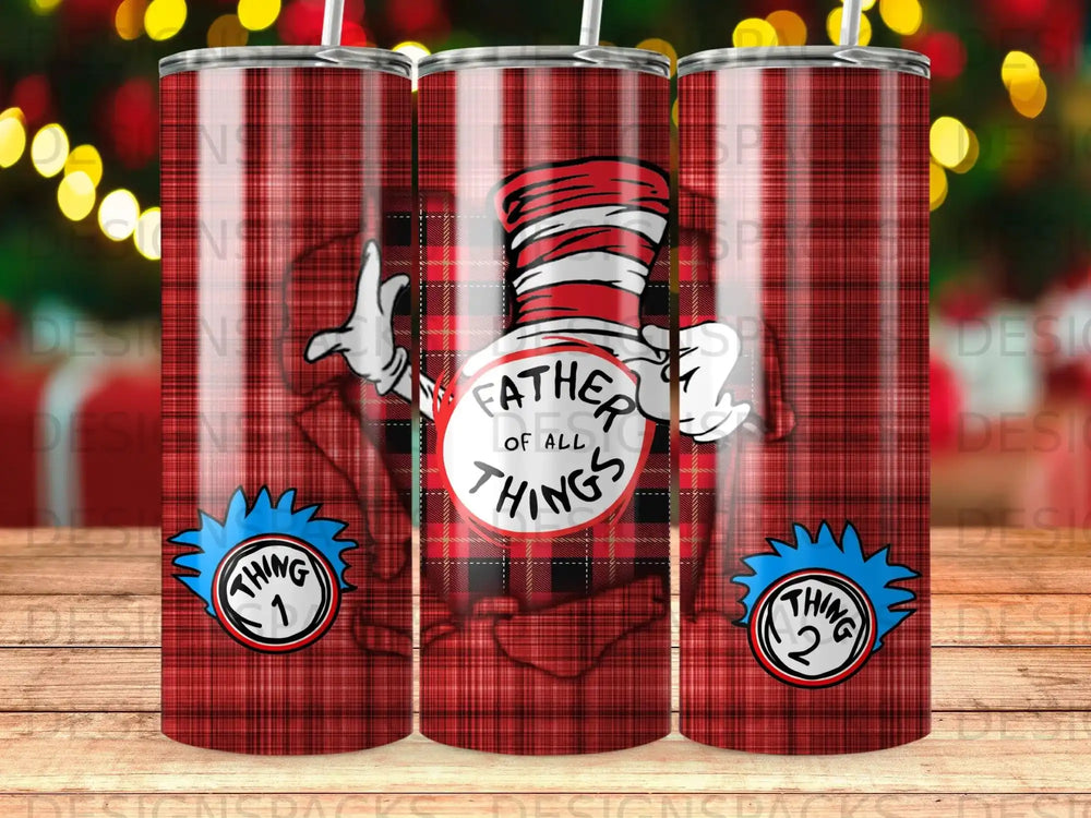 Dr. Seuss Father of All Things and Thing 1 & 2 plaid tumbler.