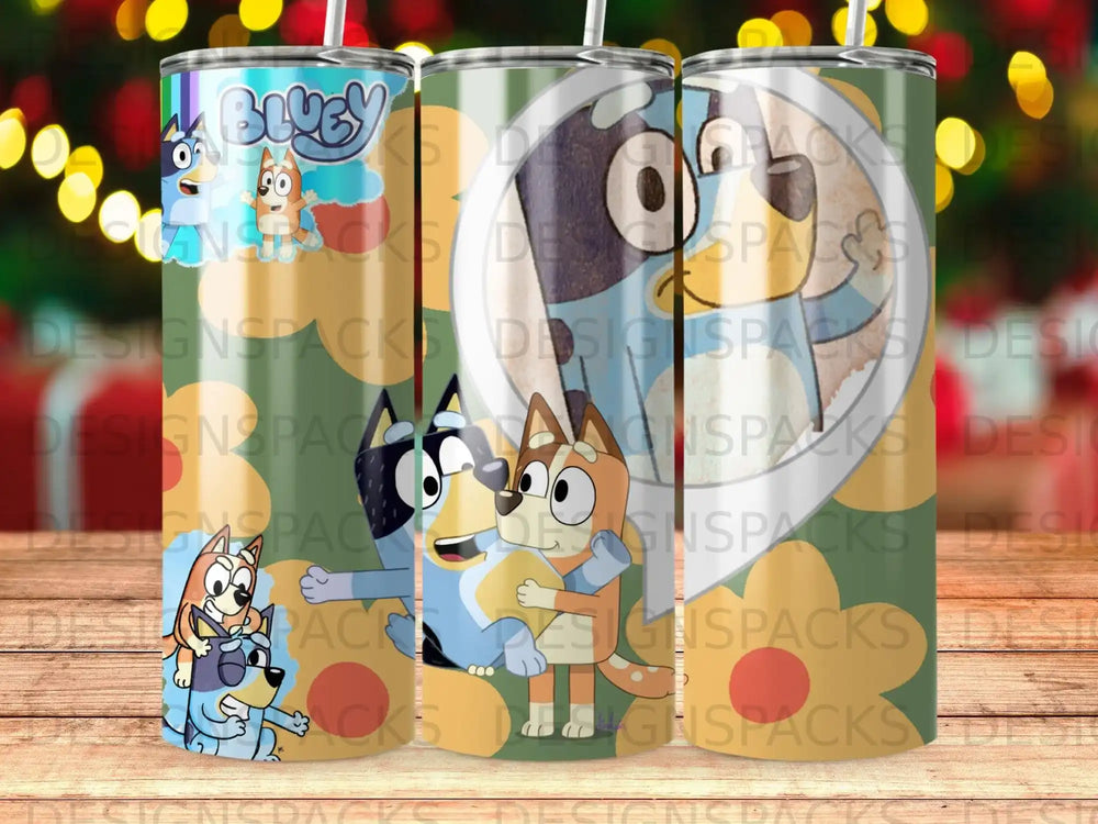 Bluey and Bingo characters on a patterned tumbler with yellow flowers.