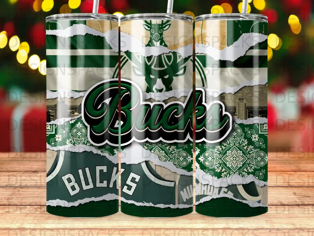 Milwaukee Bucks logo with torn green and white patterned paper overlay.