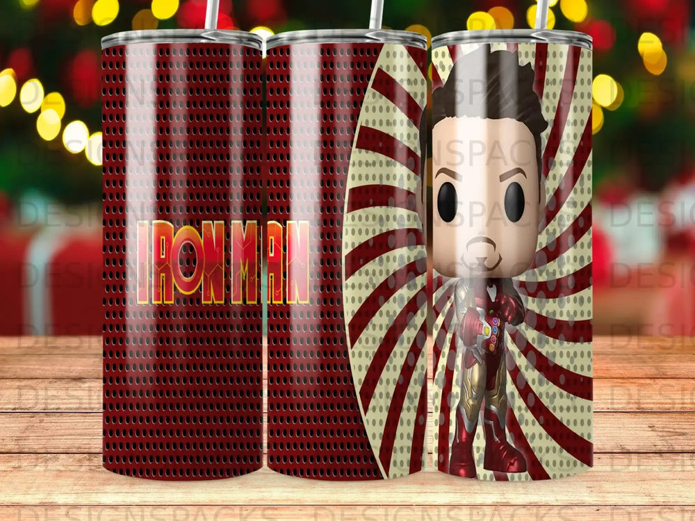 Iron Man tumbler with red textured background and spiral pattern.