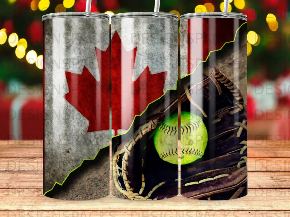 Canadian flag and softball equipment on tumbler wrap.