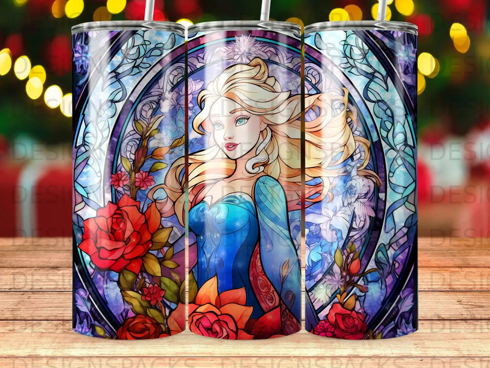 Elsa from Frozen surrounded by stained glass and roses.