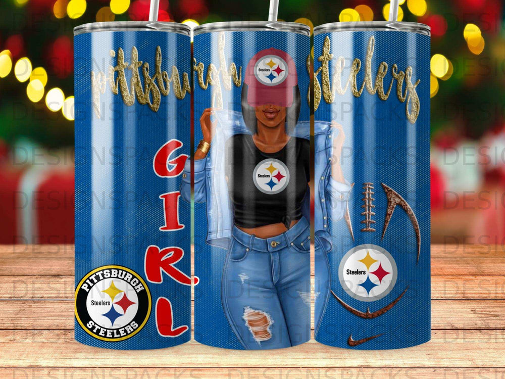 Woman in denim and Steelers gear, with Pittsburgh Steelers logo and team colors.