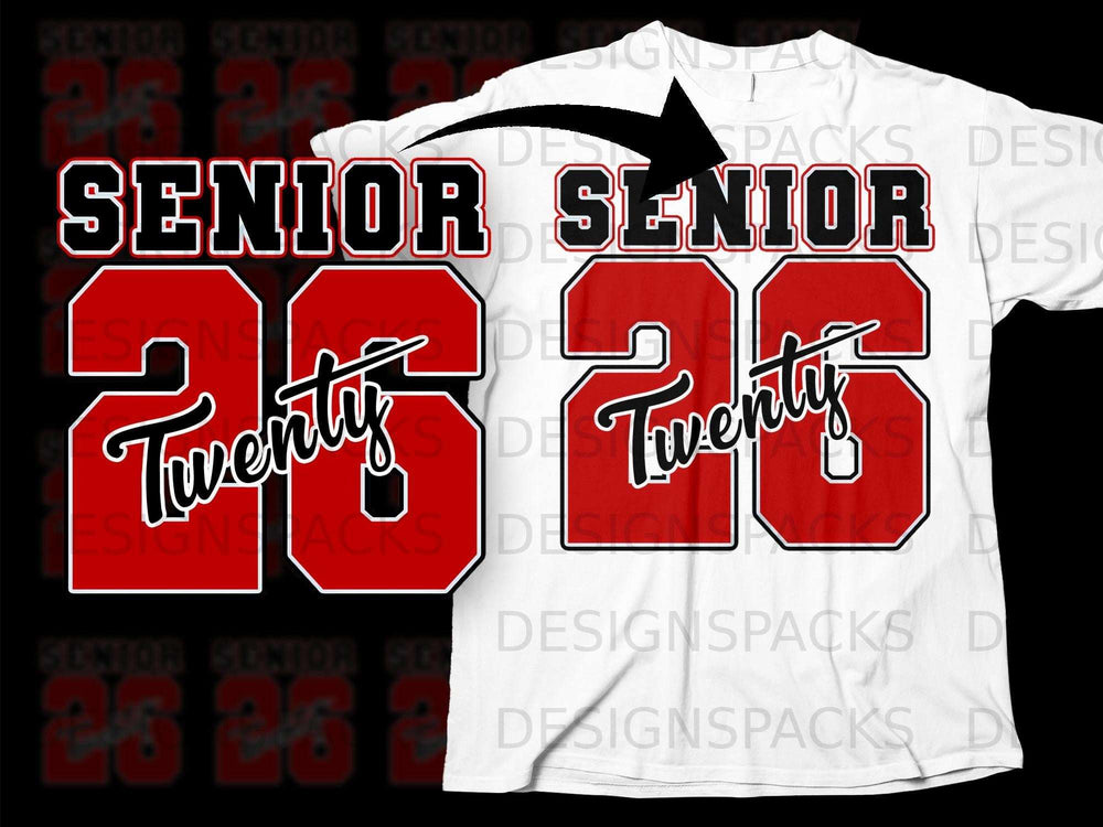 "Senior" and "26" text design in red and white on a white t-shirt.