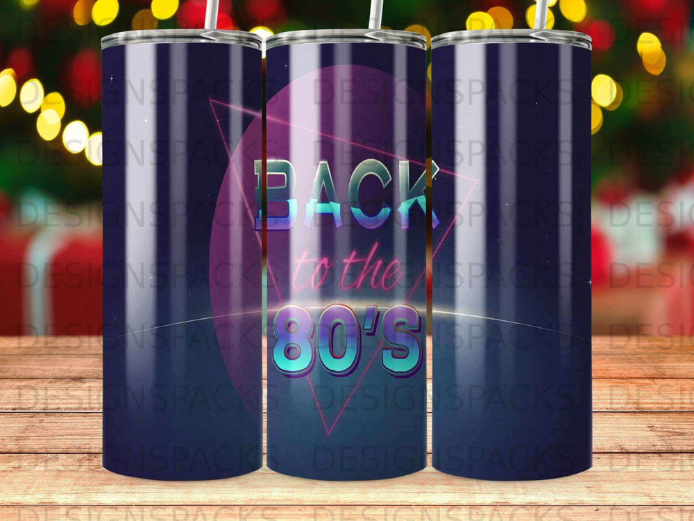 Tumbler with "BACK to the 80's" text and colorful graphic.