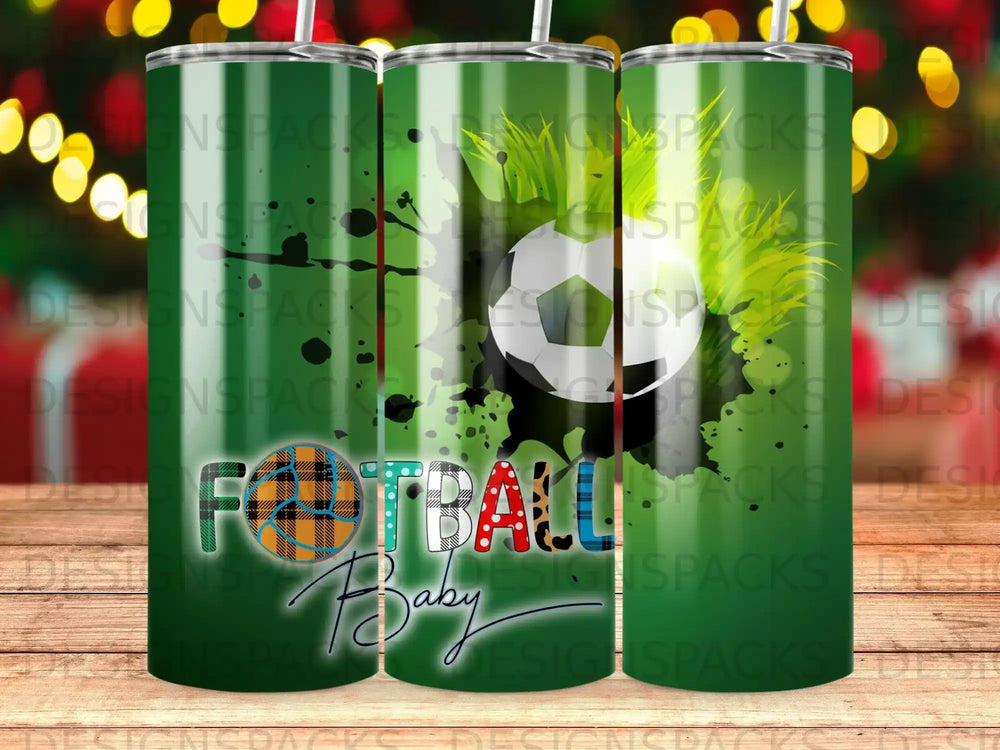 Green tumbler with soccer ball, plaid, and "Baby" text.
