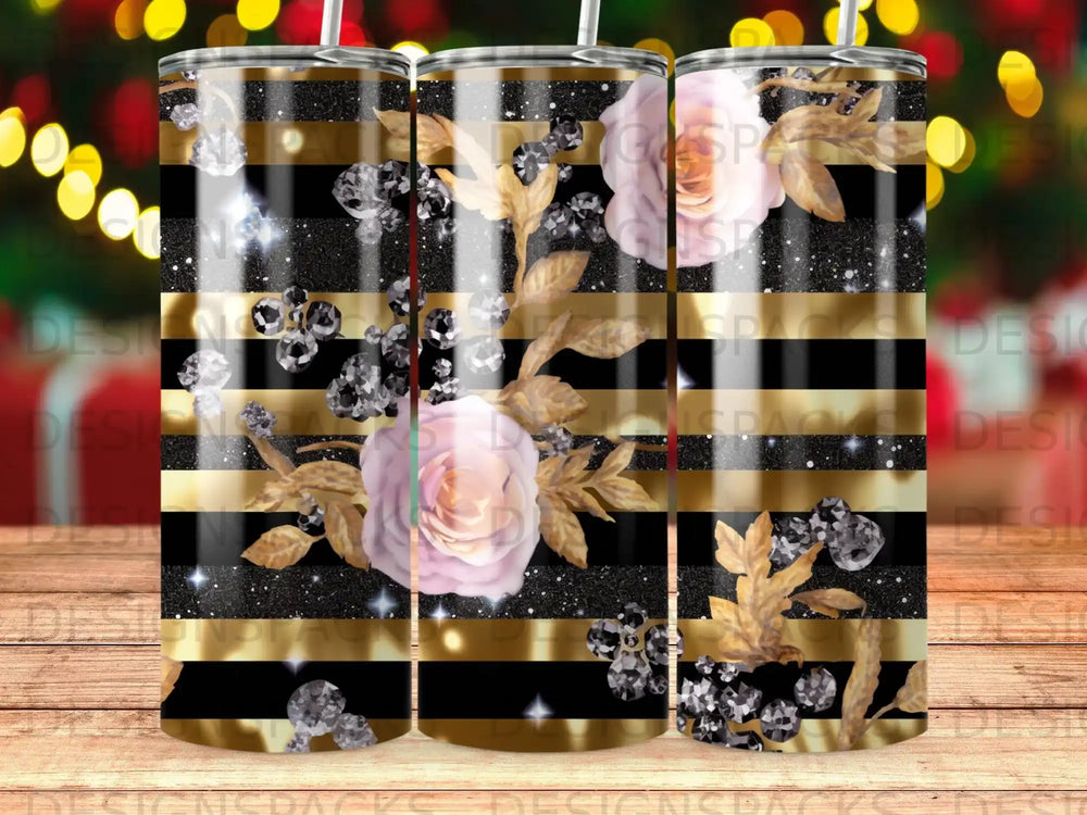 Gold stripes with pink roses, glitter, and jewels.