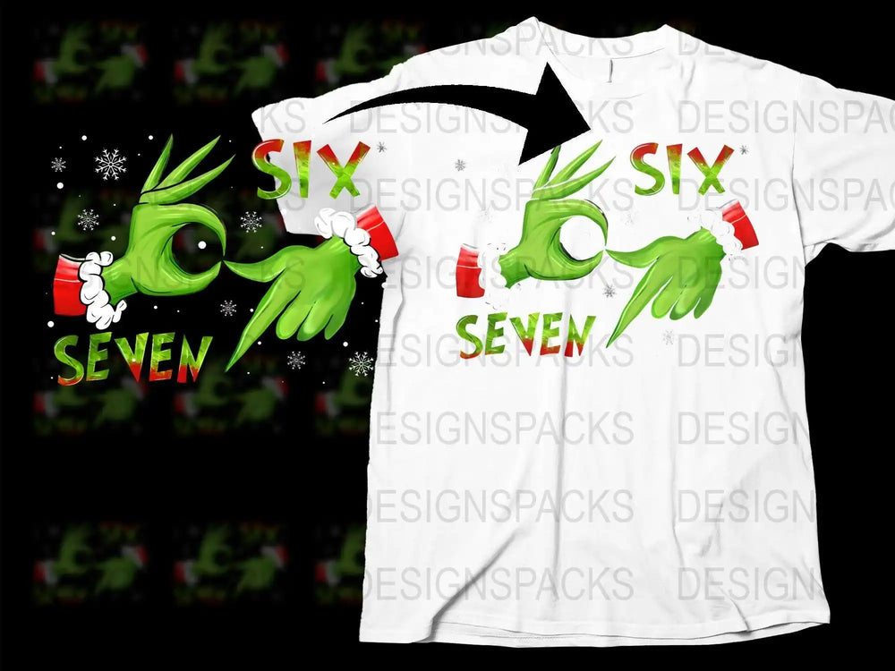 Whimsical Green Monster Number Six Seven Christmas T-Shirt, Festive Holiday Apparel for Children and Adults